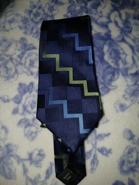 Michael Kors Navy Silk Tie with Blue and Green Zigzag Accents